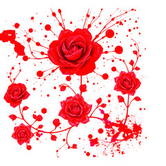 A vibrant illustration of red roses with splatters on a transparent black background on transparent background