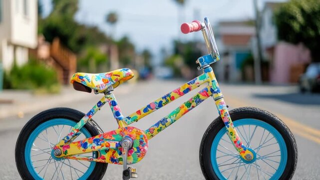 A vibrant, multi-colored children's bicycle stands on a sunny street. Its cheerful design evokes feelings of childhood joy and summer fun.