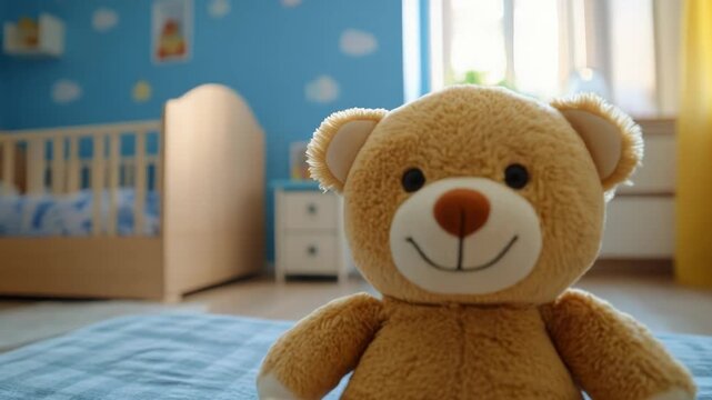 A cute teddy bear sits on a blue blanket in a baby's room. The cozy nursery features a crib and cloud-decorated blue walls.