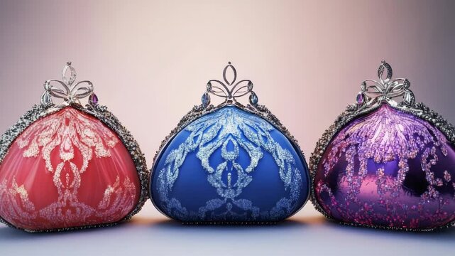 Three regal, jewel-encrusted ornaments stand elegantly in a row. These festive decorations feature intricate patterns and sparkling crowns.
