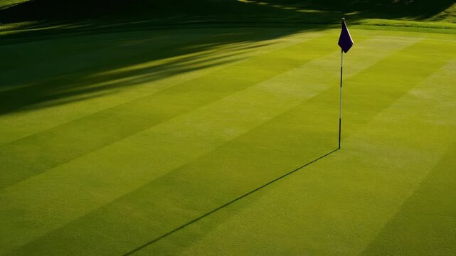 Golf course putting green with perfectly striped grass, featuring a flagstick and long shadow under dramatic lighting, concept for sporting events, luxury recreation and outdoor advertising