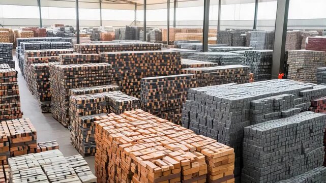 Large warehouse filled with neatly stacked bricks of various colors. Ready for construction, these building materials await transport.