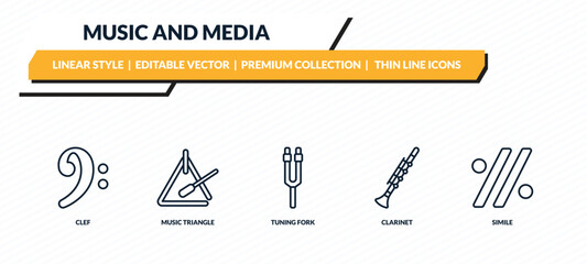 music and media icons set - clef, music triangle, tuning fork, clarinet, simile outline vector collection. © IconArt