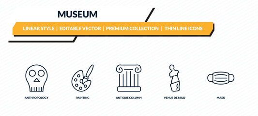 museum icons set - anthropology, painting, antique column, venus de milo, mask outline vector collection. © IconArt