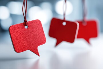 Hanging foam shapes with backdrop, Red speech tags suspended in soft focus, Closeup of foam speech indicators hanging with blurred background for digital communication