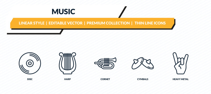 music icons set - disc, harp, cornet, cymbals, heavy metal outline vector collection.