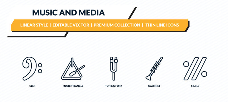 music and media icons set - clef, music triangle, tuning fork, clarinet, simile outline vector collection.