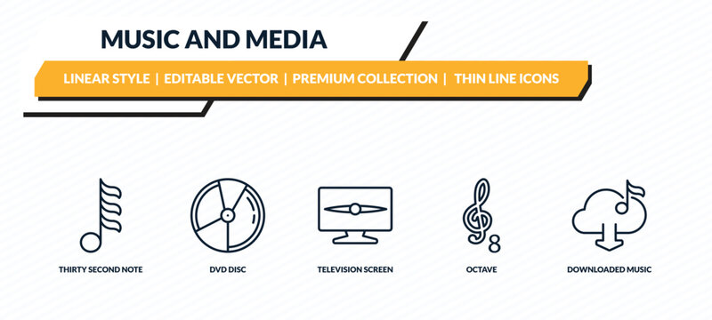 music and media icons set - thirty second note, dvd disc, television screen off, octave, downloaded music cloud outline vector collection.