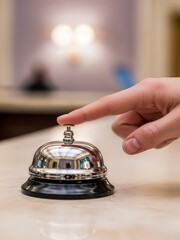 Hand pressing silver service bell at hotel reception desk  