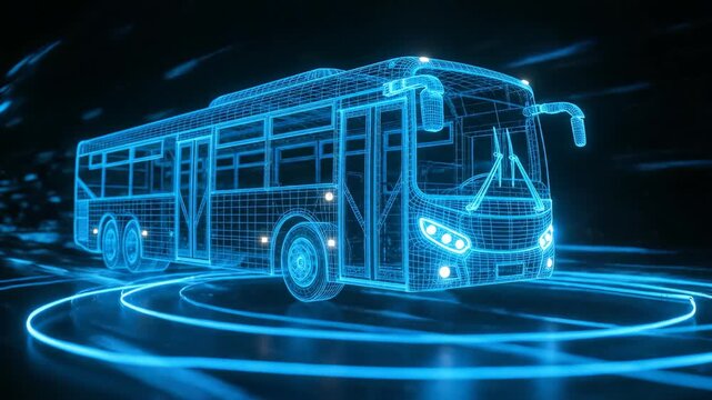 Digital blue wireframe model of a modern bus moving on a dark, futuristic highway, concept for smart transportation systems, autonomous vehicle technology and urban mobility
