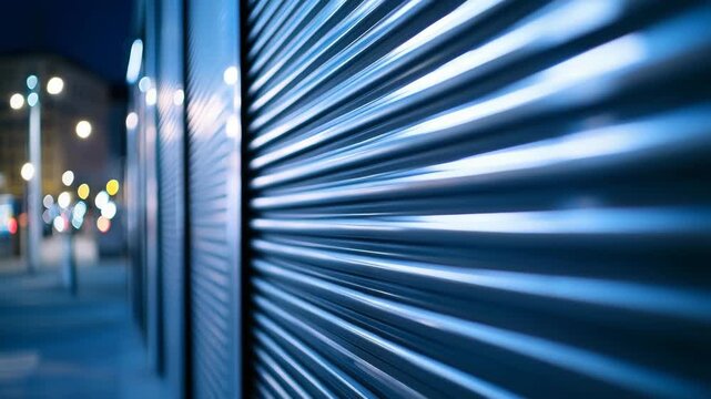 Metallic roller shutter reflects city lights at night. Urban street scene with cool blue tones and bokeh.