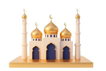 PNG image of Beautifully rendered 3d miniature mosque illustration featuring golden domes and minarets on transparent background