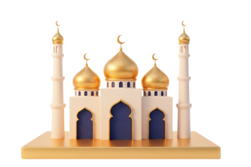PNG image of Beautifully rendered 3d miniature mosque illustration featuring golden domes and minarets on transparent background