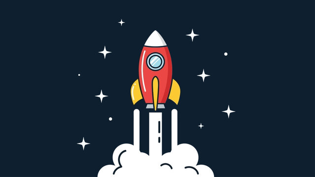 Red and yellow rocket launching into the starry night sky.