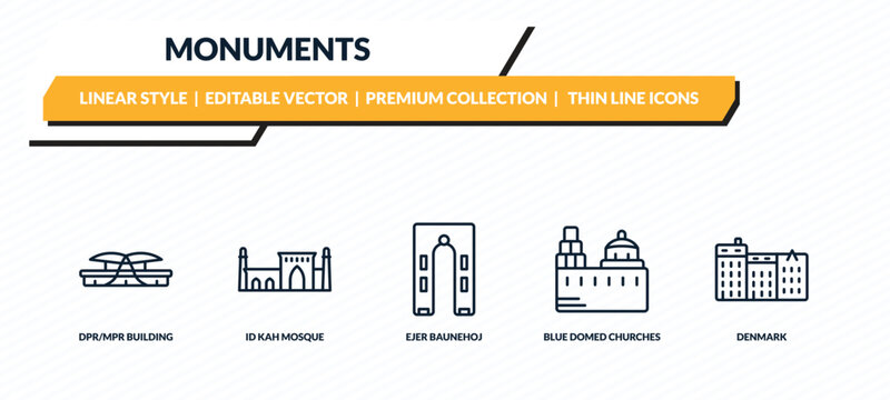 monuments icons set - dpr/mpr building, id kah mosque, ejer baunehoj, blue domed churches, denmark outline vector collection.