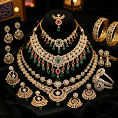 Traditional Indian Gold Jewelry Set with Emeralds and Rubies