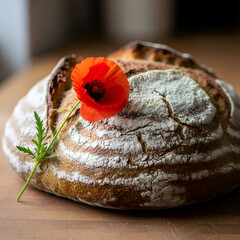Artisanal Sourdough Bread Loaf with Fresh Red Poppy Flower on Top, Dusting of Flour, Wooden Table, Baking, Freshly Baked, Delicious