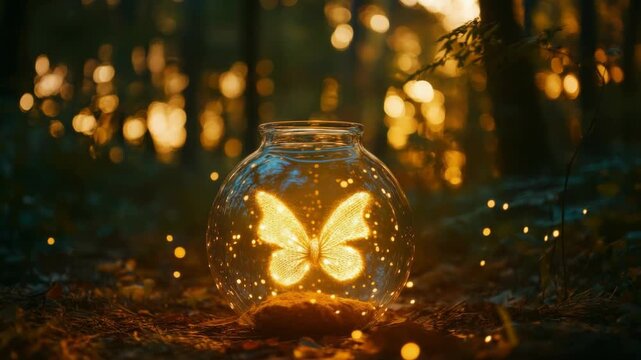 A glowing butterfly illuminates a glass jar in a magical forest. Golden light sparkles around, creating an an enchanting, serene atmosphere.