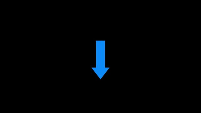 White downward arrow icon on black background representing download, decrease, decline, drop, direction, and navigation. Minimal flat design suitable for UI, web, app, business, and infographic use.