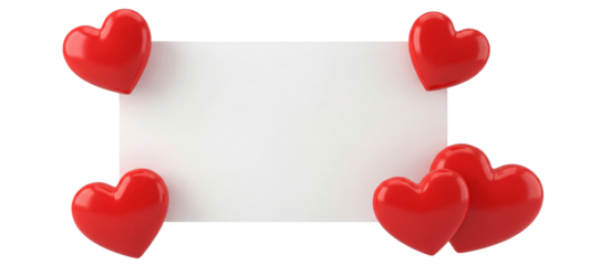 PNG image of Five glossy red three dimensional hearts frame a central blank white rectangle for special messages on transparent background