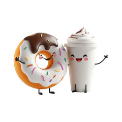 A cheerful cartoon donut and a happy milkshake with whipped cream are standing together on transparent background