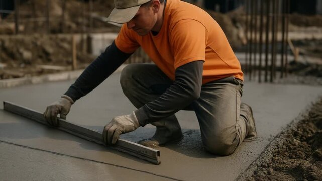 Construction worker carefully levels fresh concrete on a building site. He uses a long tool to ensure a smooth, even surface.