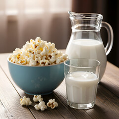 Fresh Popcorn in Blue Bowl with Glass of Milk and Pitcher on Wooden Table