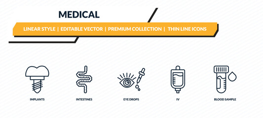 medical icons set - implants, intestines, eye drops, iv, blood sample outline vector collection.
