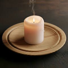 A white candle with melting wax and smoke sits on a wooden plate with a dark background