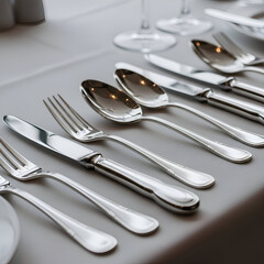 Shiny silverware set with forks, knives, and spoons on a table setting with wine glasses