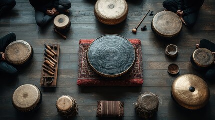 Drumming session with traditional instruments in a studio setting during the evening