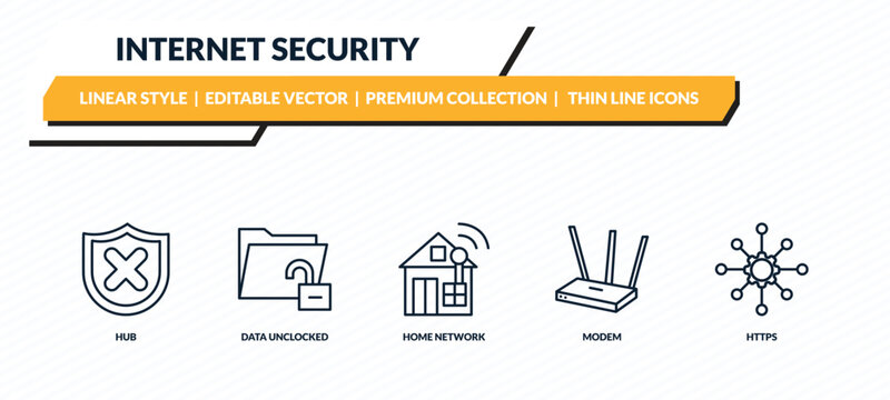 internet security icons set - hub, data unclocked, home network, modem, https outline vector collection.
