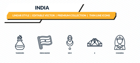 india icons set - tandoori, india badge, devi, e, chandra outline vector collection.