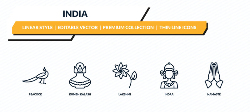 india icons set - peacock, kumbh kalash, lakshmi, indra, namaste outline vector collection.