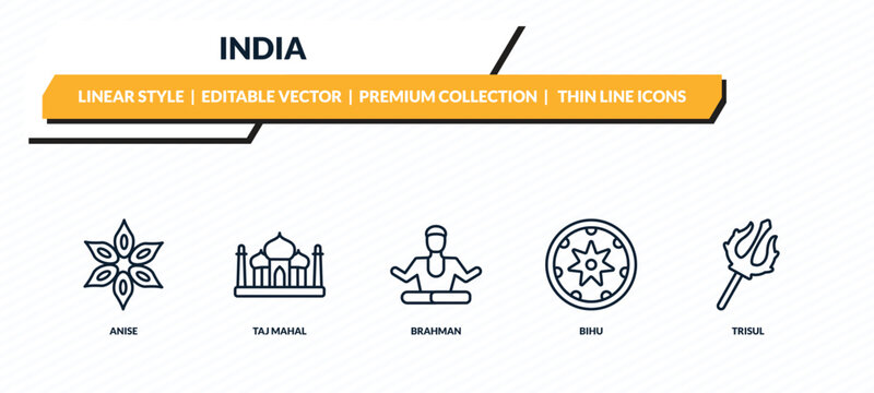 india icons set - anise, taj mahal, brahman, bihu, trisul outline vector collection.