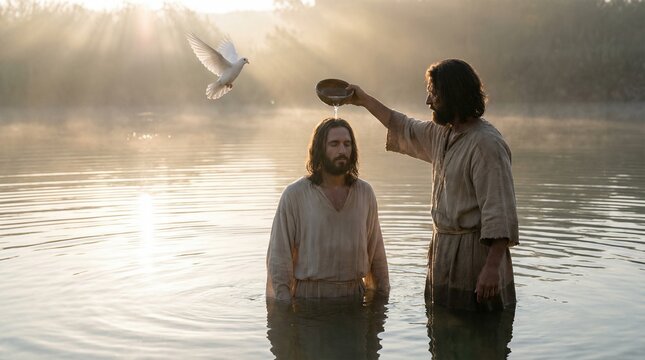 John baptizing Jesus Christ in a river while a dove descends. Biblical narrative for religious study material or Christian education.