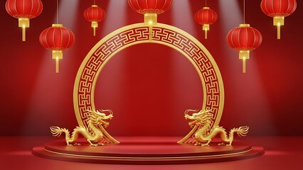 Obraz premium Chinese dragon archway with red lanterns, gold decorations, Lunar New Year background