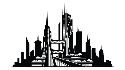Obraz premium Dramatic cityscape featuring iconic bridge and futuristic buildings silhouette