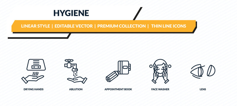 hygiene icons set - drying hands, ablution, appointment book, face washer, lens outline vector collection.