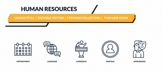 human resources icons set - appointment, language, candidate, profiles, appearance outline vector collection. © IconArt
