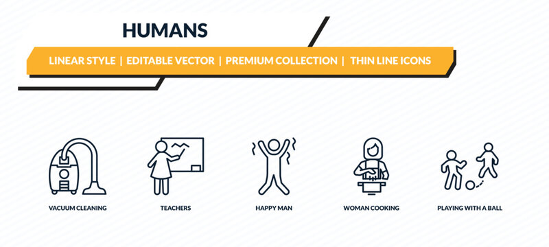 humans icons set - vacuum cleaning, teachers, happy man, woman cooking, playing with a ball outline vector collection.