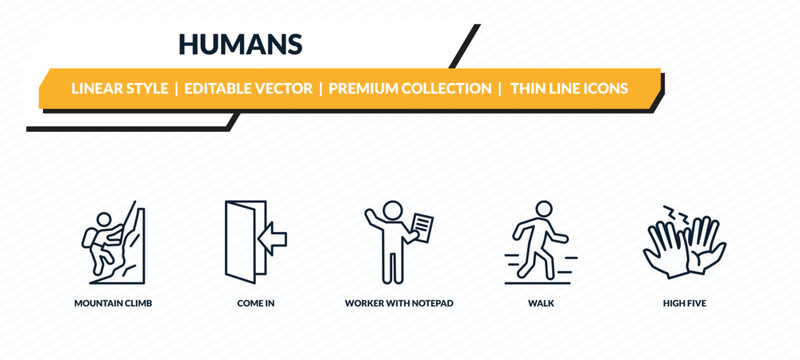 humans icons set - mountain climb, come in, worker with notepad, walk, high five outline vector collection.