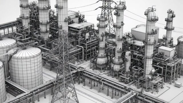 Detailed 3D wireframe view of a complex industrial refinery structure with silos and columns, concept for structural engineering, energy infrastructure and technical documentation