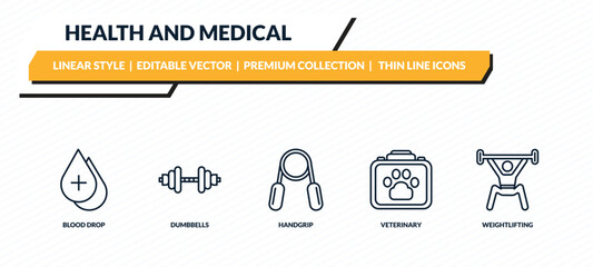 health and medical icons set - blood drop, dumbbells, handgrip, veterinary, weightlifting outline vector collection.