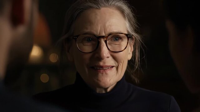 Close-up portrait of a thoughtful senior female CEO wearing tortoiseshell glasses and a dark turtleneck in low light, concept for corporate strategy, executive coaching and high-level consulting