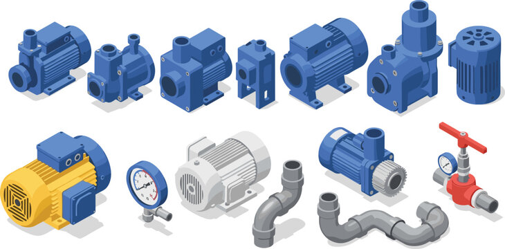 Set of isometric water pump icons featuring electric motors pressure gauges pipes and valves for industrial plumbing and irrigation systems isolated