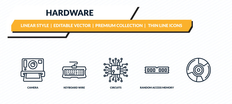 hardware icons set - camera, keyboard wire, circuits, random access memory, outline vector collection.