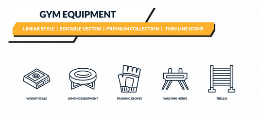 gym equipment icons set - weight scale, jumping equipment, training gloves, vaulting horse, trellis outline vector collection. © IconArt