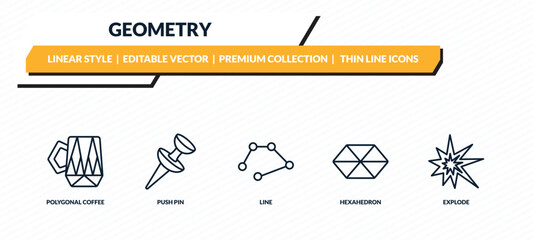 geometry icons set - polygonal coffee cup, push pin, line, hexahedron, explode outline vector collection. © IconArt