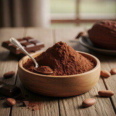 Cocoa Powder in Wooden Bowl with Spoon and Chocolate Pieces on Wooden Table